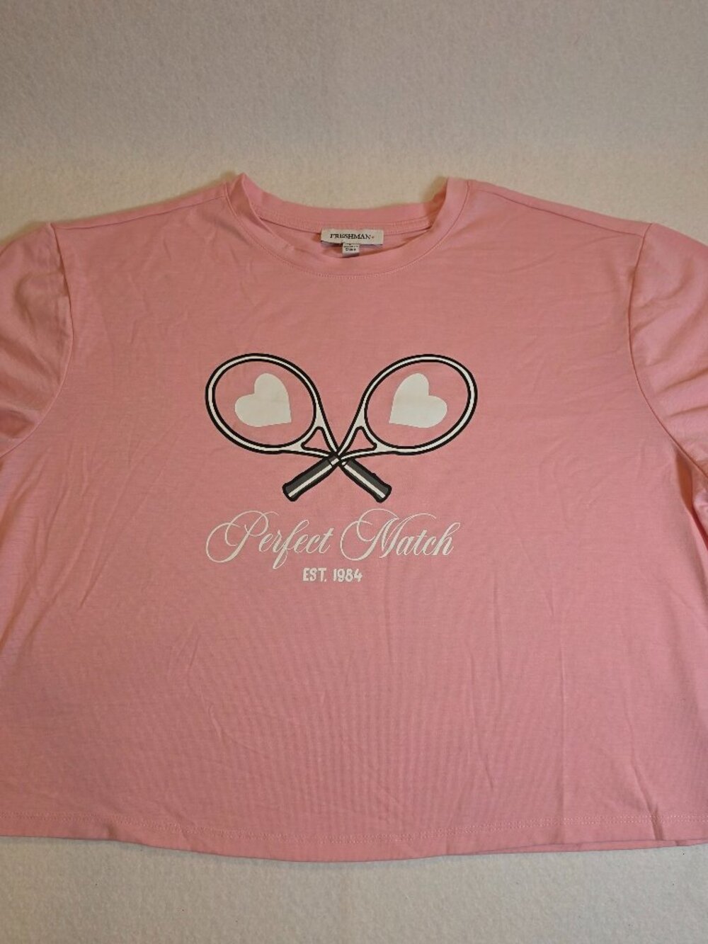 Freshman Pink Perfect Match Tennis Racquets Heart Graphic Crop T-Shirt Size L